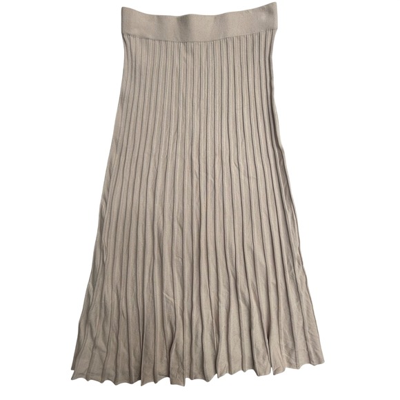 Dresses & Skirts - Milano Womens M Beige Ribbed Knit Pleated Midi Skirt Stretch Pull On